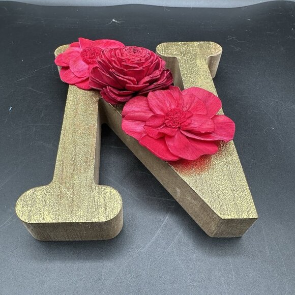 Wooden Initial Letter N Gold Red Sola Wood Flowers 6" Free Standing Monogram - Picture 6 of 10